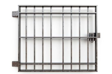 Eski demir hücre parmaklıkları, hapsedilmeyi, güvenliği ve cezai adaleti simgeliyor. Temiz bir arkaplanda izole edilmiş..