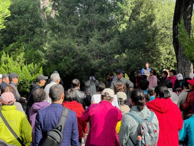 Beijing, China - October 19, 2024 A diverse group of people gather outdoors, singing in a Jingshan park. The scene is set in a lush forest, evoking feelings of unity, joy, and community in nature. clipart