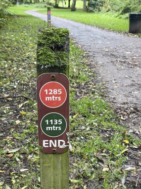 Orman yolunda yosun kaplı bir yol boyunca mesafeleri gösteren bir iz. Yol yeşillikle çevrili. Yürüyüşçüler ve doğa severler için sakin ve doğal bir atmosfer yaratıyor..