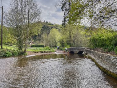 Dunster UK, 15 Mart 2025. Dunster, Somerset, İngiltere 'deki Gallox Köprüsü 15. yüzyıldan kalma. Avill nehrinin üzerinde iki kavis var. Aslen Darağacı Köprüsü olarak biliniyordu.
