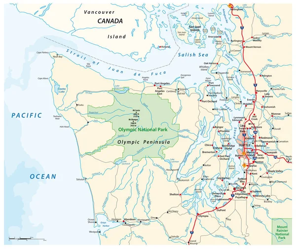アメリカ合衆国ワシントン州オリンピック半島と大シアトル周辺の地図 — ストックベクタ