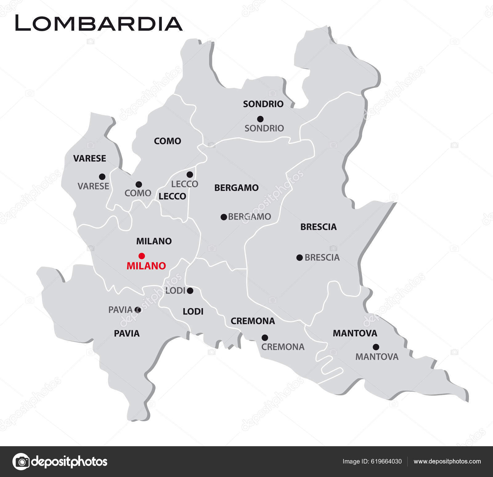 Mapa Administrativo Gris Simple Región Lombardía Italia Vector de stock  #619664030 de ©Lesniewski, image size:1600x1549