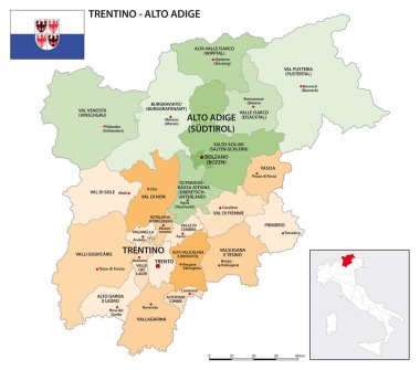 District map of Trentino-Alto Adige with flag clipart