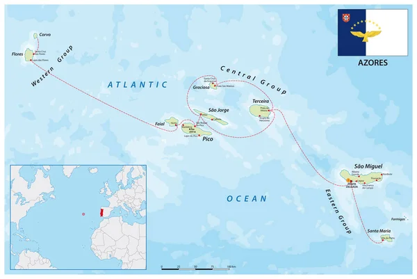 Vektorová Mapa Portugalského Souostroví Azory Atlantském Oceánu Portugalsko — Stockový vektor