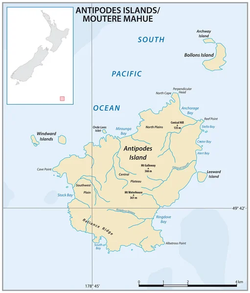 Zéland Offshore Island Antipodes Térképe — Stock Vector