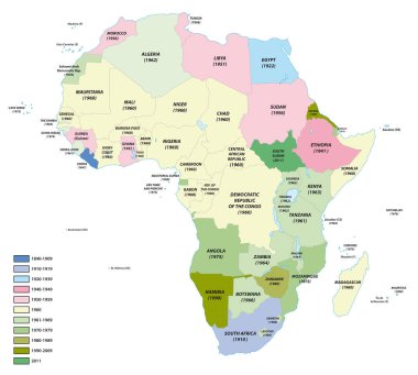 Bağımsızlık tarihleriyle birlikte Afrika devletlerinin haritası.