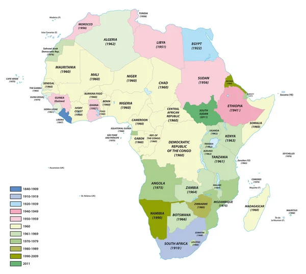 Mappa Degli Stati Dell Africa Con Date Della Loro Indipendenza — Vettoriale Stock