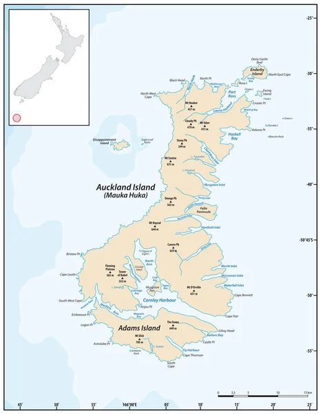 Mapa Vetorial Das Ilhas Auckland Subantárticas Nova Zelândia —  Vetores de Stock
