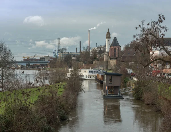 Frankfurt Main Germany December 2022 Houseboat Junction Nidda Main River — 图库照片
