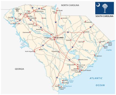 south carolina federal state road vector map with flag clipart