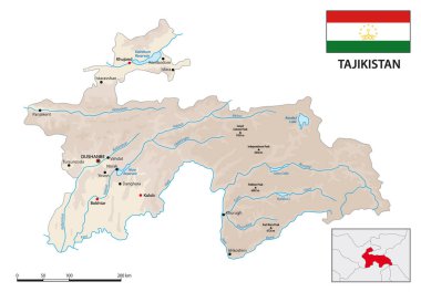 Physical vector map of Central Asian state of Tajikistan with flag