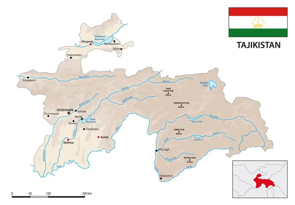 Physical Vector Map Central Asian State Tajikistan Flag — Wektor stockowy