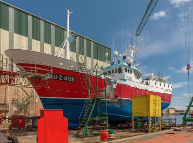 BURELA, SPAIN-MAY, 11, 2022: Ship for repair in a shipyard, Burela, Galicia, Spain