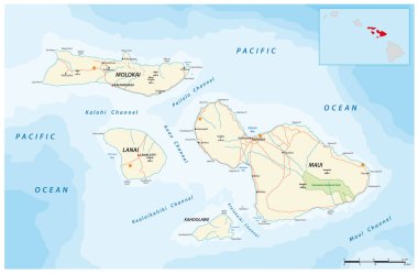 Road map of the Hawaiian Islands of Maui, Molokai, Lanai and Kahoolawe