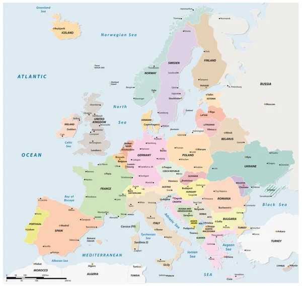Färgad Politisk Vektorkarta Över Europeiska Stater — Stock vektor