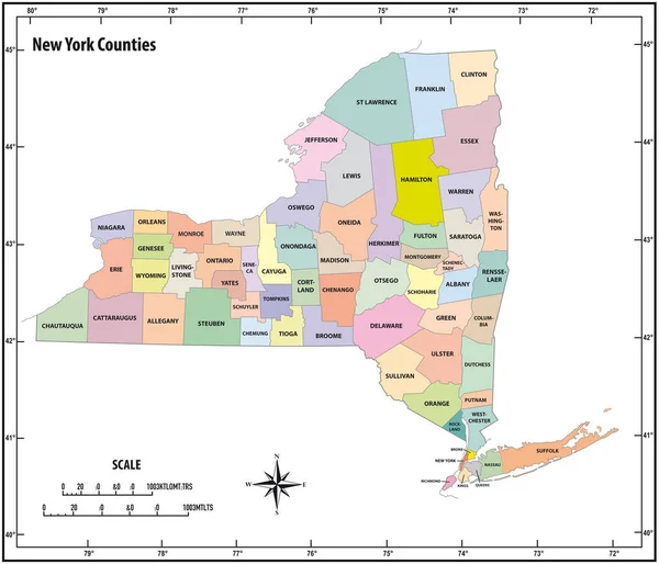 New York State Outline Administrative Political Vector Map Color — Stock Vector