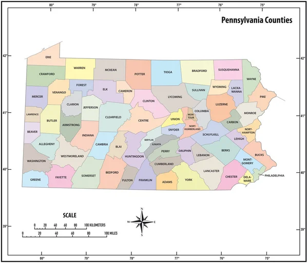 ペンシルベニア州の概要色の行政と政治のベクトルマップ — ストックベクタ