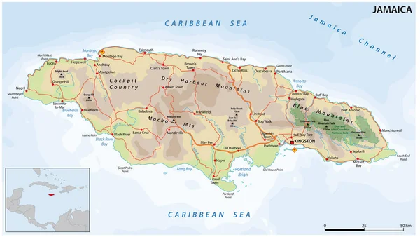 Vector Road Map Caribbean Island Nation Jamaica — стоковий вектор
