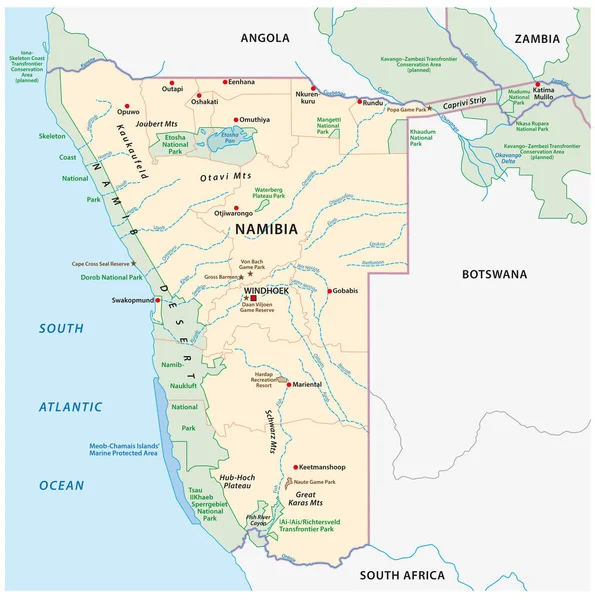 ナミビアの野生生物保護区の詳細ベクトル地図 — ストックベクタ