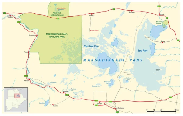 Botswana Nın Kuzeydoğusundaki Makgadikgadi Tuz Tavalarının Vektör Haritası — Stok Vektör