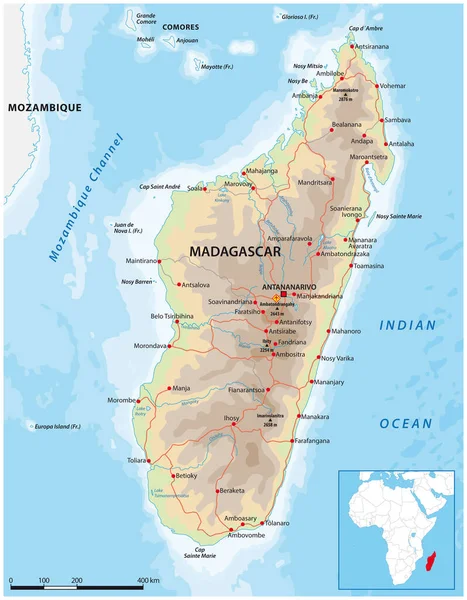 Λεπτομερής Διανυσματικός Οδικός Χάρτης Του Νησιωτικού Έθνους Της Μαδαγασκάρης — Διανυσματικό Αρχείο
