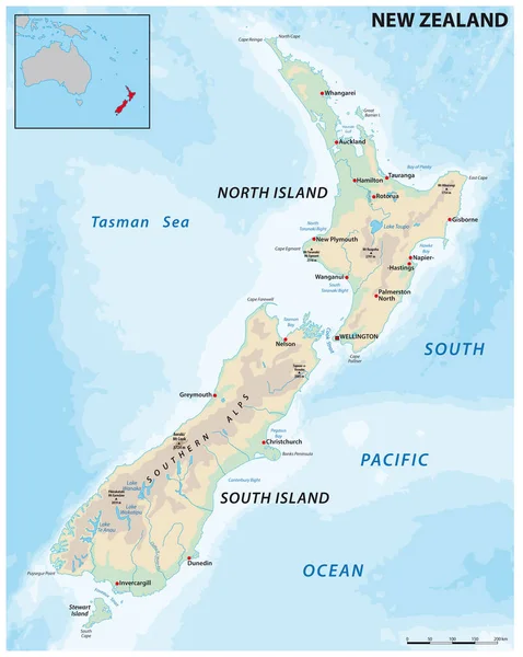Mappa Vettoriale Fisica Dell Isola Nazione Della Nuova Zelanda — Vettoriale Stock