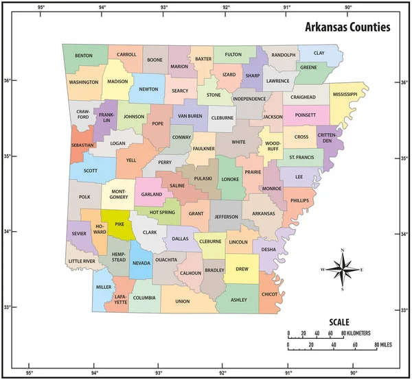 Arkansas Estado Esboço Administrativo Político Mapa Vetorial Cor — Vetor de Stock