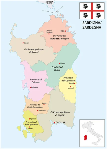 Новая Административная Карта Итальянского Средиземноморского Острова Сардиния 2021 — стоковый вектор