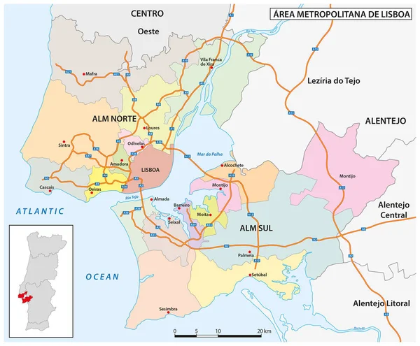 Mapa Administrativo Autopistas Área Metropolitana Lisboa Portugal — Archivo Imágenes Vectoriales