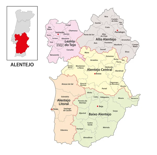 Carte Vectorielle Administrative Région Alentejo Dans Sud Portugal — Image vectorielle