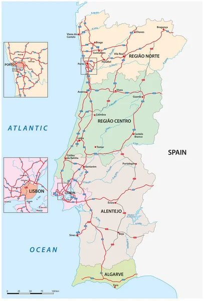Mapa Vetorial Regional Administrativo Rodoviário Portugal — Vetor de Stock