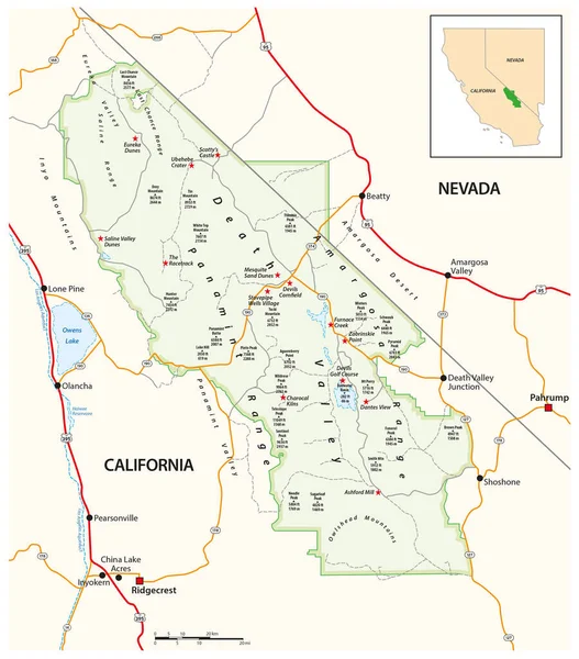 Detaljert Kart Death Valley Nasjonalpark California Nevada Usa – stockvektor