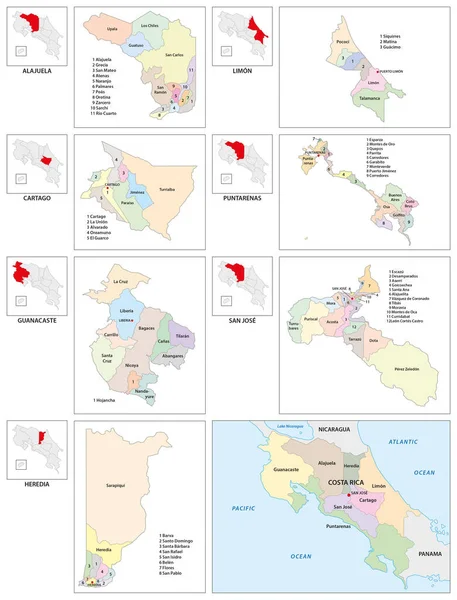 Mapa Vetorial Administrativo Estado Centro Americano Costa Rica —  Vetores de Stock