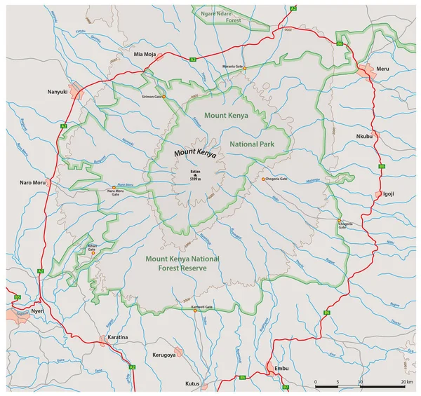 詳細ベクトル地図マウントケニア国立公園 ケニア — ストックベクタ