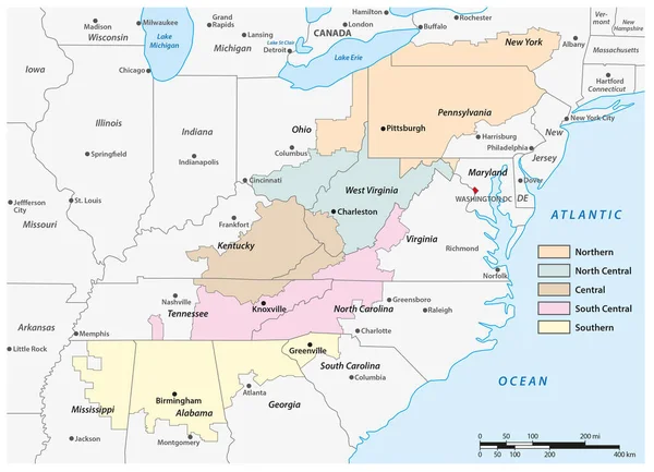 Mapa Administrativo Región Los Apalaches Este Estados Unidos — Archivo Imágenes Vectoriales