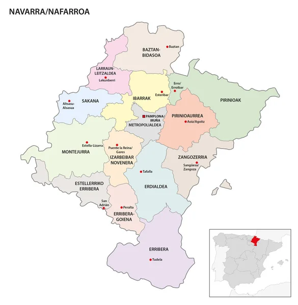 Verwaltungskarte Der Regionen Der Spanischen Autonomen Gemeinschaft Navarra — Stockvektor
