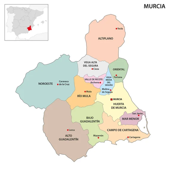 Mapa Administrativo Las Regiones Comunidad Autónoma Murcia — Vector de stock