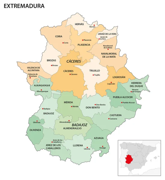 西班牙埃斯特雷马杜拉自治区地区行政地图 — 图库矢量图片