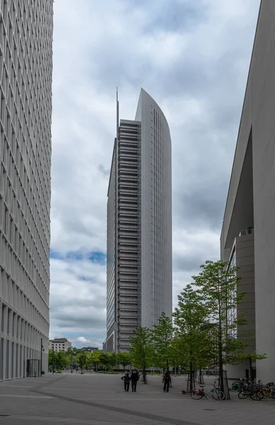 Frankfurt Main Alemania Mayo 2023 Rascacielos Cerca Del Recinto Ferial — Foto de Stock