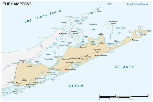 アメリカ合衆国ニューヨーク州ロングアイランドの東端のハンプトンズ地域のベクトル図 — ストックベクタ