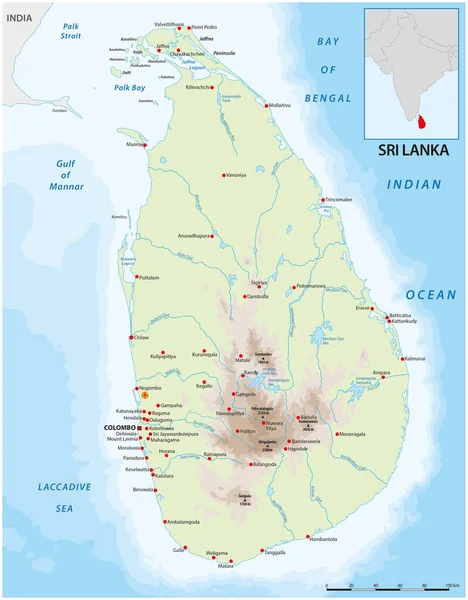 Peta Warna Vektor Dari Negara Sri Lanka Dengan Kota Kota - Stok Vektor