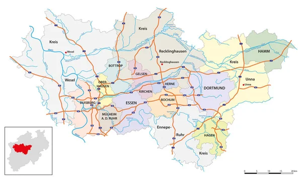 Mapa Wektorowa Największego Niemieckiego Regionu Metropolitalnego Zagłębia Ruhry — Wektor stockowy