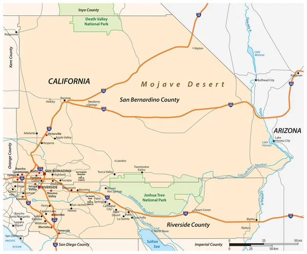 アメリカ合衆国カリフォルニア州の内陸帝国地域のベクトル道路地図 — ストックベクタ