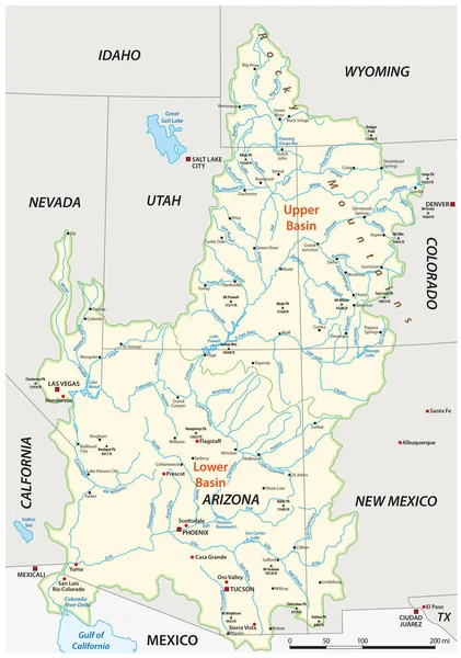 Mapa Vetorial Bacia Hidrográfica Rio Colorado Estados Unidos —  Vetores de Stock