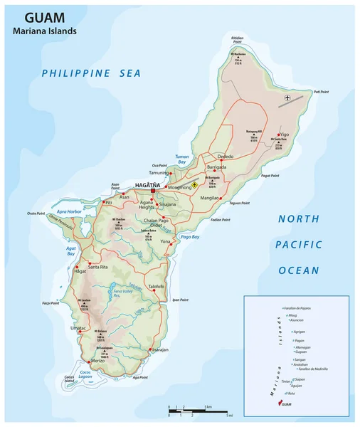 Mapa Ruta Vectorial Isla Guam Islas Marianas Estados Unidos — Archivo Imágenes Vectoriales