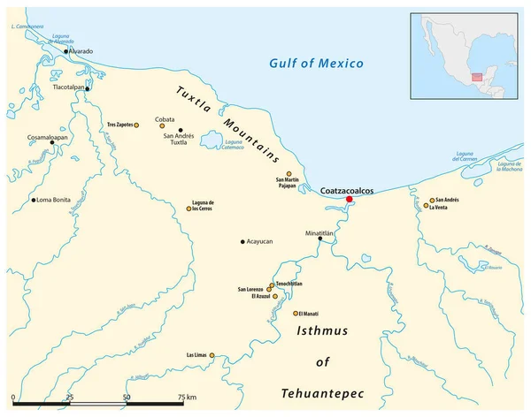 Meksika Nın Güney Körfez Kıyısındaki Olmec Kültürel Bölgesinin Haritası — Stok Vektör