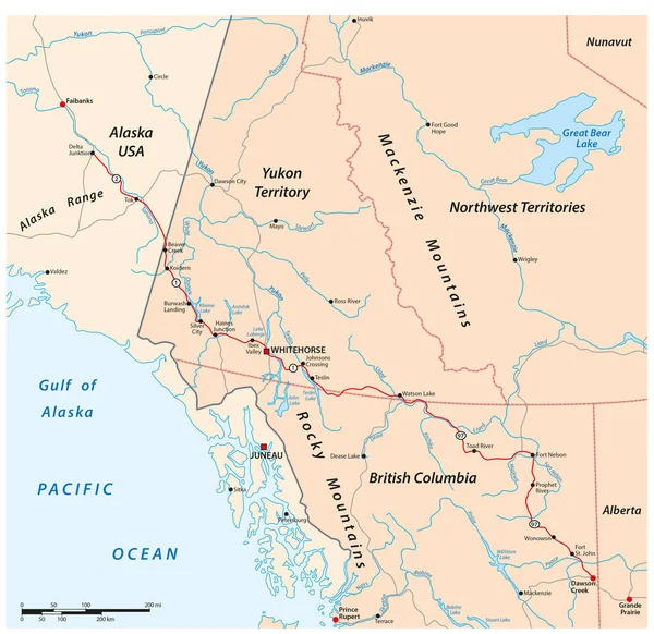 Carte Routière Vectorielle Route Alaska Delta Junction Dawson Creek Canada — Image vectorielle
