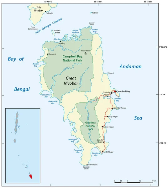 Wektorowa Mapa Wschodnioindyjskiej Wyspy Great Nicobar — Wektor stockowy