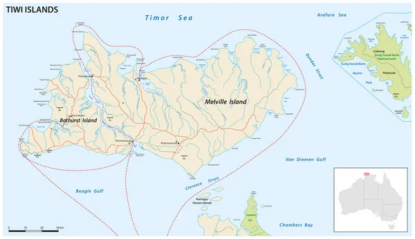 Vektorstraßenkarte Der Nordaustralischen Tiwi Inseln — Stockvektor