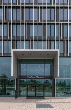 FRANKFURT AM MAIN, GERMANY-JULY 14, 2023: Entrance of the F.A.Z. Tower in the Europaviertel, Frankfurt